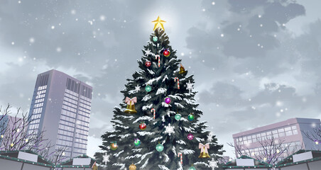 Christmas Market Tree in Daylight - Anime Background.	
