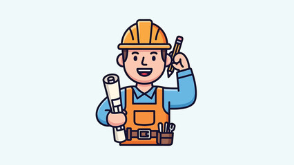 Fototapeta premium Construction worker holding blueprints and pen, ready for work, smiling happily.
