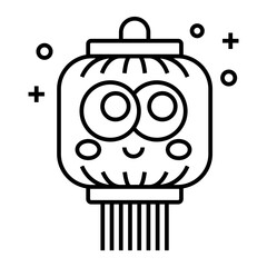 Cute cartoon Chinese lantern character outline icon with tassel and sparkles isolated on transparent background.
