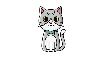 Obraz premium Cute cartoon cat with a bow tie sitting and looking forward with curiosity.
