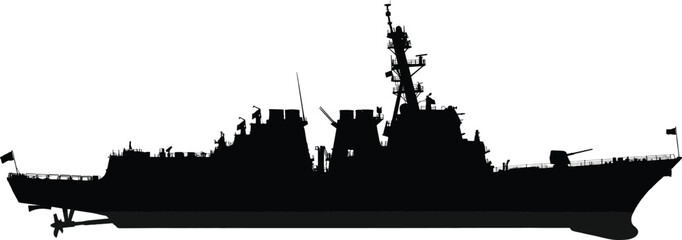 Modern naval warship silhouette isolated on white background military destroyer profile maritime defense technology illustration concept high detail vector power © MD SHAHARIR