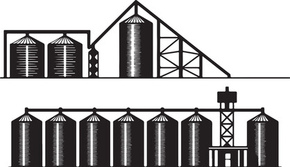 Obraz premium Industrial Storage Facilities with Silos and Grain Elevators, Vector Illustration