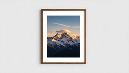 A framed photo of snow-covered mountain peaks glowing with warm morning light against a blue sky.