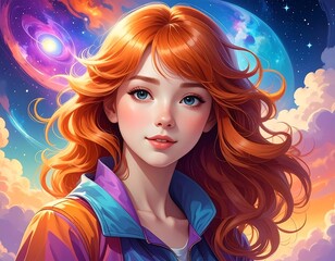 Portrait of a woman with red hair, against a celestial backdrop