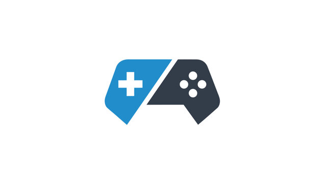 Modern gaming controller logo design with blue and dark gray colors, simple and clean.