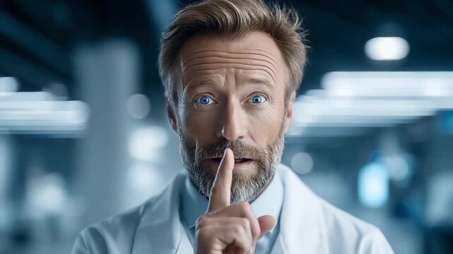 Secrecy in Science: A focused scientist with a hint of concern, signaling for silence, set against a modern lab backdrop.