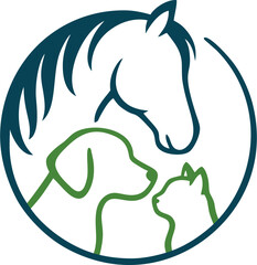 Obraz premium Illustration of a horse, dog, cat and , blue and green, in a circle