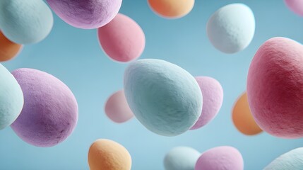 Dynamic Easter Concept with Floating Furry Pastel Eggs on Sunny Blue Sky Background