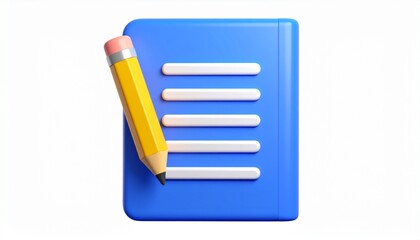 A 3d icon of a blank white notepad and pen icon on a paper document page symbol for business and education office note list objects