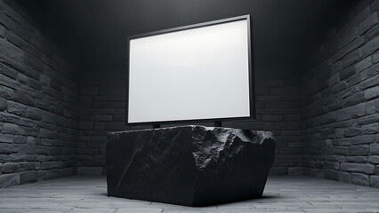 Blank white canvas on dark stone plinth in empty brick room mockup template for art gallery exhibition or museum display presentation screen
