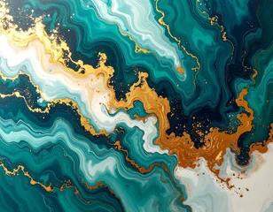 Acrylglasbilder Kristalle Swirling, abstract artwork showcasing teal, gold, and white hues. Fluid strokes create a marble-like effect, evoking luxury and elegance  © Skincare