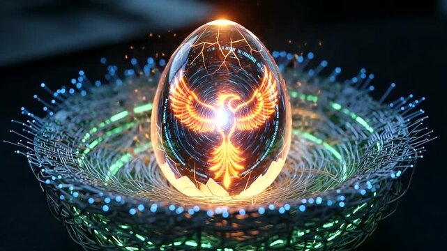 Glowing Phoenix Egg in a Futuristic Nest Display