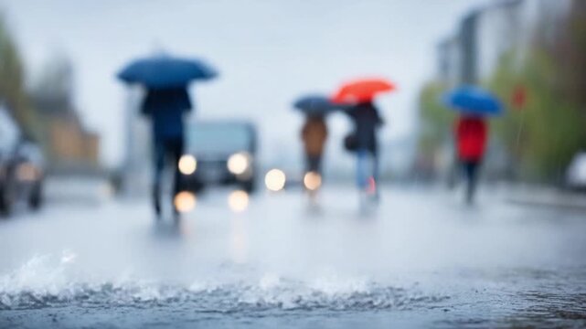 Rainy Day Commute: Blurred figures navigate a rain-slicked city street, sheltered beneath colorful umbrellas, with a sense of the everyday resilience amid the wet weather.