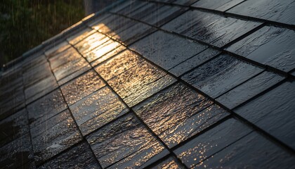 Rain falling on a rooftop with water streaming along roof tiles, cinematic low-angle lighting creating a dramatic urban weather scene with motion, texture, and moody atmosphere.