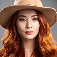 Portrait of an Asian woman with fiery red hair and a beige hat