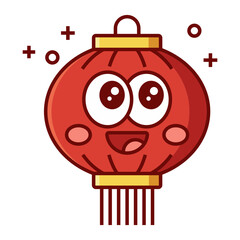 Cute cartoon red Chinese lantern with smiling face and tassels for Lunar New Year isolated on transparent background.
