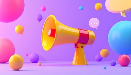 3D-rendered megaphone amidst colorful spheres and speech bubbles on a purple backdrop