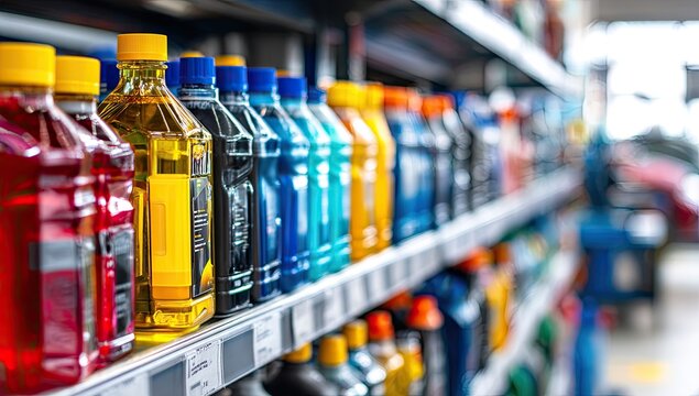 Colorful liquids in plastic bottles line shelves in a retail store
