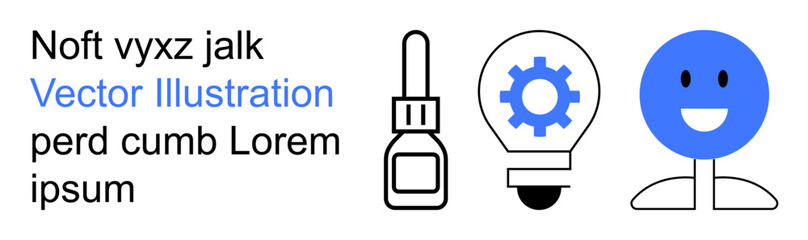 Innovation, creativity, education, digital learning, healthcare, conceptual thinking. Design includes a light bulb with gear, dropper text and a smiling face. Innovation and creativity symbols © robu_s