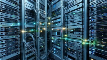 Cinematic 4K animation showing digital data processing glowing light points flowing across microprocessor connections layered over modern server room  - Powered by Adobe