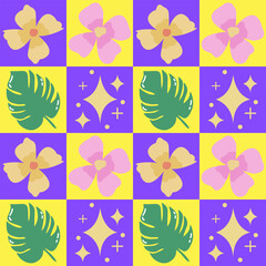 Vibrant Checkerboard Pattern with Tropical Flowers and Leaves
