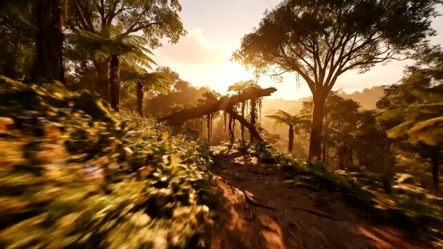Walk through a lush virtual tropical jungle path at sunset, created with realistic 3D rendering. Experience digital nature exploration, serene adventure, and a captivating escape into an immersive...