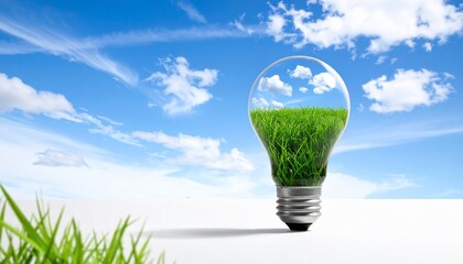 Green grass and blue sky are contained in a lightbulb, representing eco-friendliness