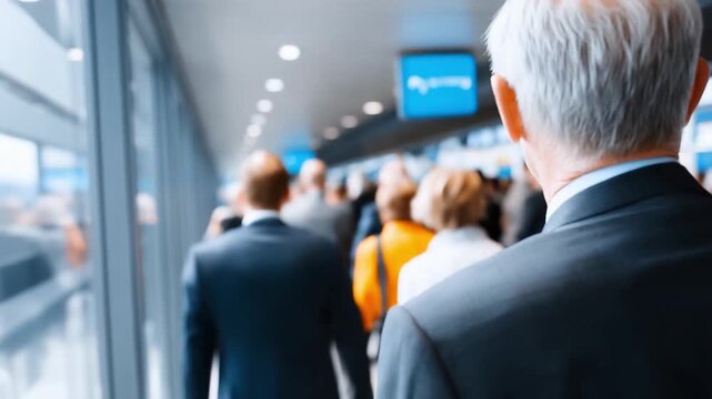 Business Journey: A senior executive, immersed in a sea of diverse professionals, navigates a modern transport hub, signifying the dynamism of contemporary business travel. 