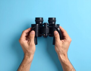 Hands holding binoculars against a blue background, view from above, symmetric composition
