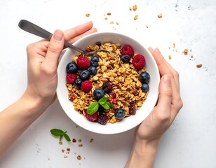 Hands holding bowl of granola with berries and mint on a white marble background