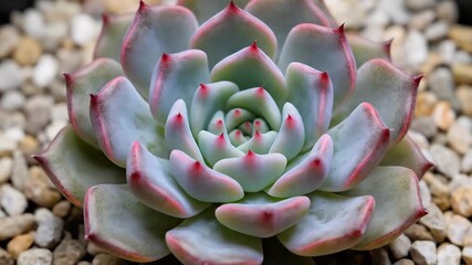Closeup view of a vibrant Echeveria succulent plant showcasing its beautiful rosette formation with pale greenblue leaves and striking pinkred tips nestled among decorative lightcolored gravel highli.