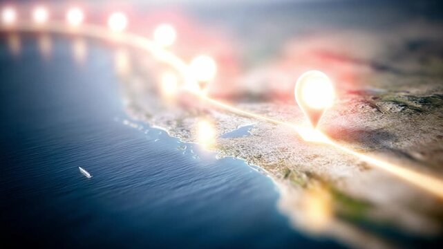 Coastal Route Illumination: An aerial view showcases a glowing path along a scenic coastline, with illuminated markers highlighting a route