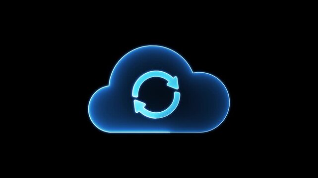 Cloud computing data synchronization icon animated blue neon glow loop on black background motion