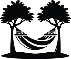 Vector illustration of a comfortable hammock strung between two tall trees for peaceful relaxation and tropical vacation 