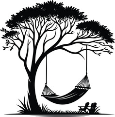 Silhouette of a large tree with a hammock and chairs representing relaxation and outdoor leisure perfect for summer vacation or nature themes isolated on white background