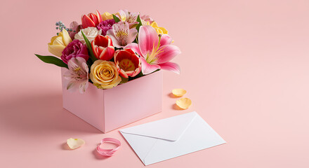 Beautiful floral arrangement in pink box with card and ring