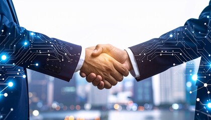 Two business people shaking hands, circuit board overlay, city background