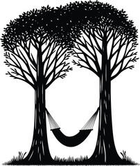 Vector illustration of a comfortable hammock strung between two tall trees for peaceful relaxation and tropical vacation