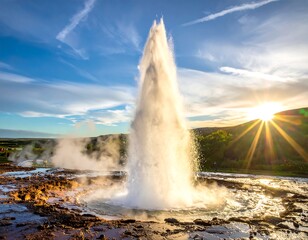 Powerful geyser erupting with water under a bright sunset