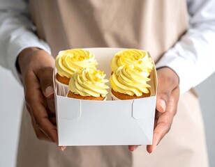 Hands holding box of cupcakes with yellow frosting, close-up, on white background