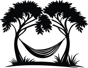 Silhouette of a hammock strung between two trees representing relaxation and outdoor leisure perfect for vacation or nature themes isolated on white background