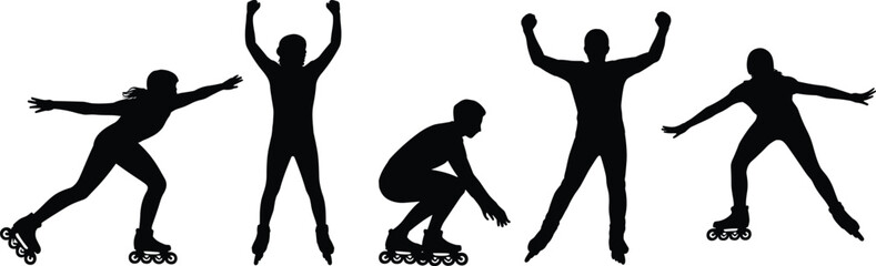Inline skating silhouettes collection isolated on white background, dynamic rollerblade poses, extreme sports action vector illustration set
