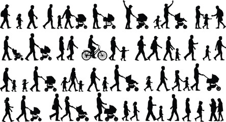 Large Bundle of Family Silhouettes Featuring Parents with Baby Strollers Walking with Toddlers and Riding Bicycles Isolated on White Background