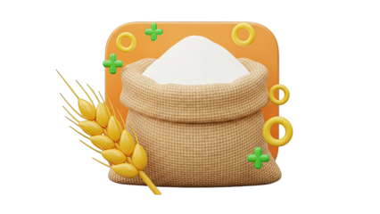 3D Icon: Sack of Flour with Wheat and Decorative Elements