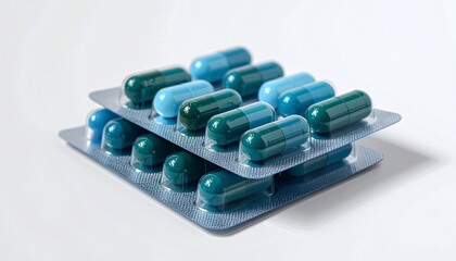 Capsules in blister packs stacked, varying shades of blue & green on white surface