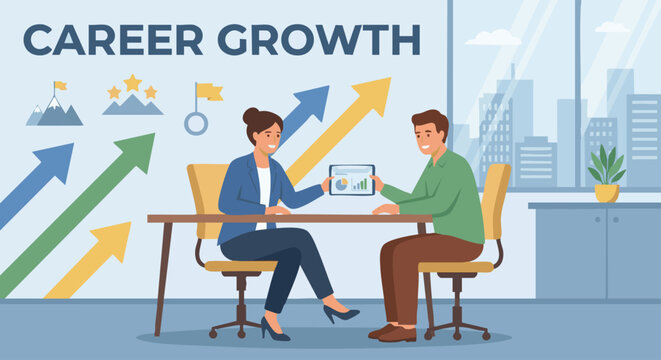 &ldquo;Human resources specialist discussing career growth with an employee, upward arrows and goal icons in the background,