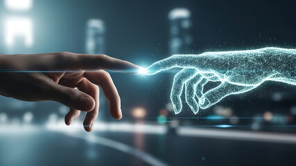 Human hand and glowing AI hologram touching futuristic technology partnership concept