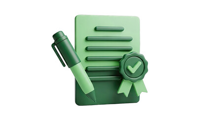 3D Illustration of a Contract with Pen and Seal of Approval