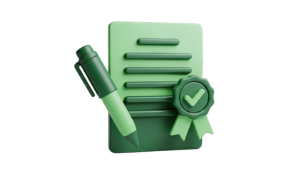 3D Illustration of a Contract with Pen and Seal of Approval