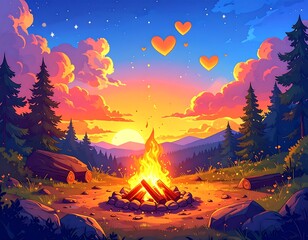 Romantic campfire scene at sunset with heart shapes, mountains and trees